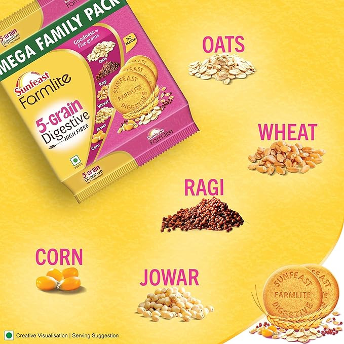 Sunfeast Farmlite 5 Grain Digestive Biscuit, High Fibre Biscuit, Goodness of 5 Grains, 800 g Pack